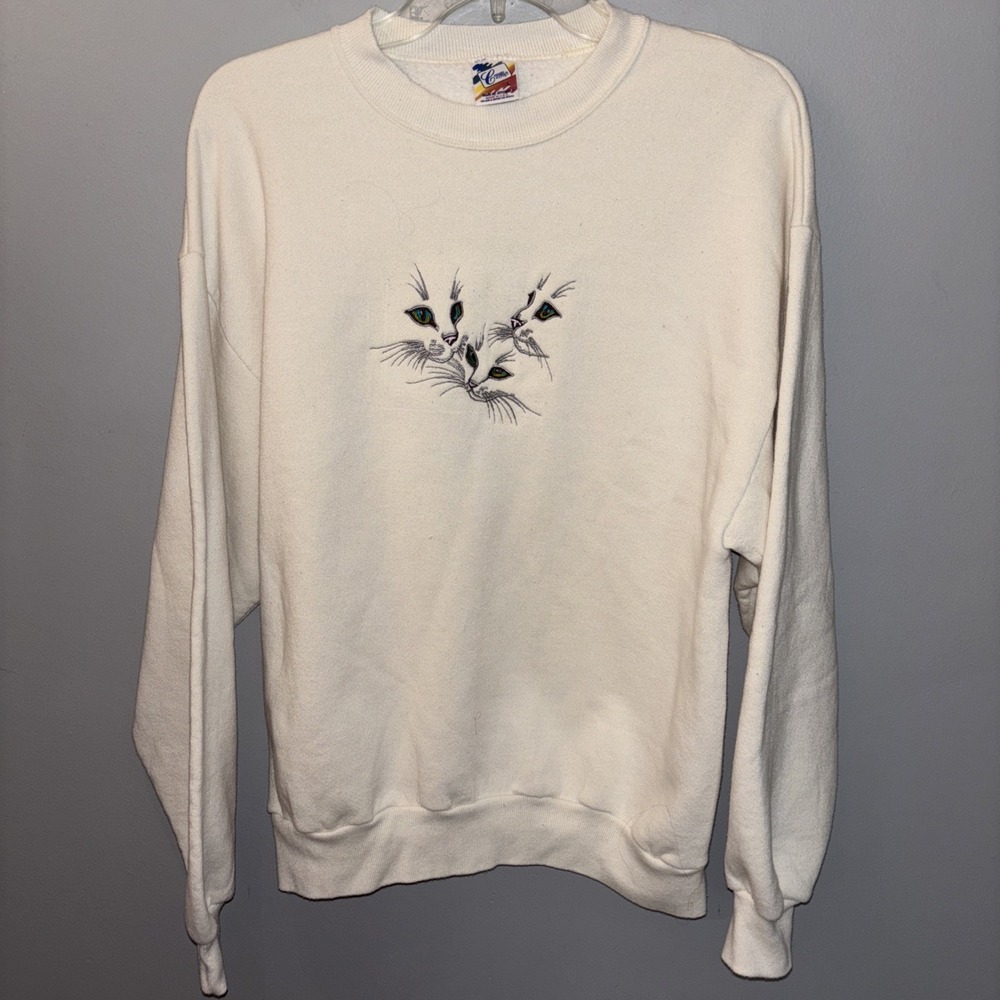 Vintage Sweatshirt Womens Sz L Ivory Cat Embroidery Crewneck 90s USA Grandmacore